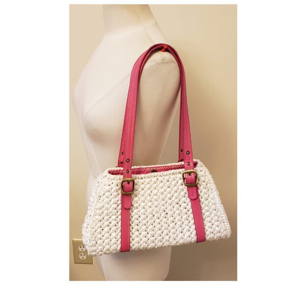Trina Turk Handbag/Shoulder Bag White Woven Pattern with Pink Handles - Picture 1 of 6